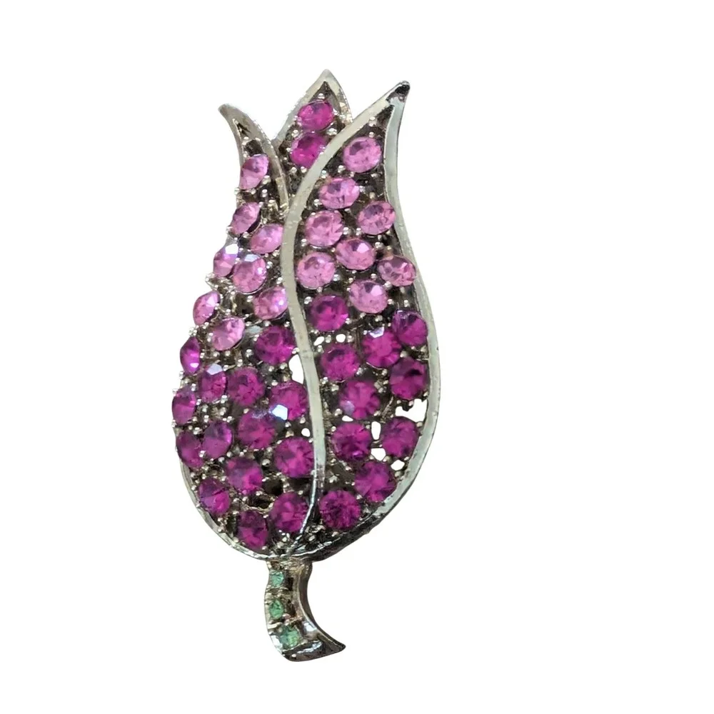Vintage-Style Pink & Purple Rhinestone Tulip Brooch – Gold Tone Floral Pin